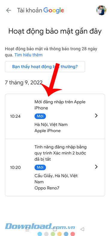 Chạm vào hoạt động đăng nhập bất thường
