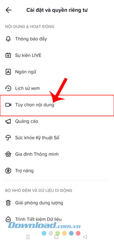 Ấn vào mục Tùy chọn nội dung