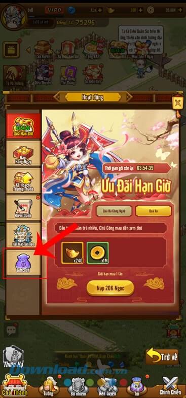 Nhấn vào mục Giftcode