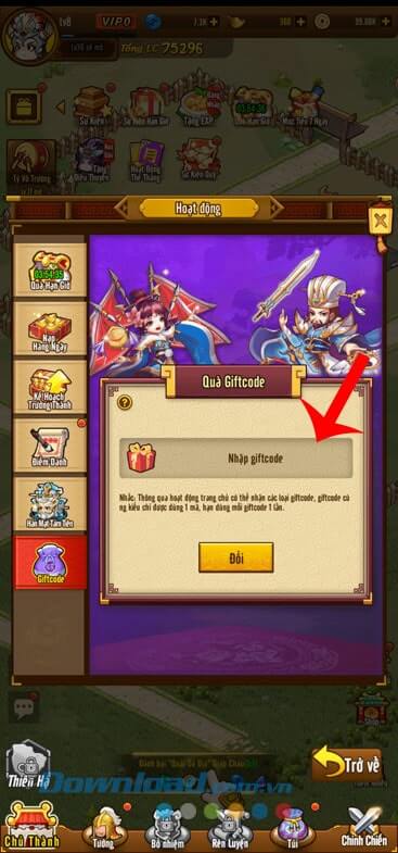 Nhập mã giftcode > Ấn vào nút Đổi