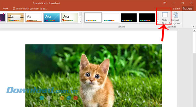 Click chuột vào nút Slide size