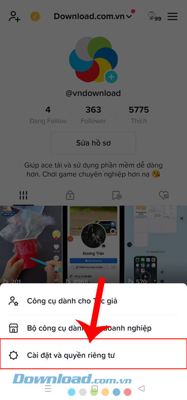 Ấn vào mục Cài đặt và quyền riêng tư