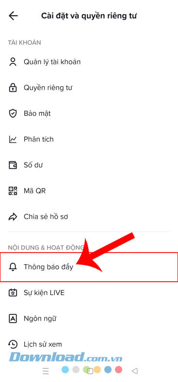 Chạm vào mục Thông báo đẩy