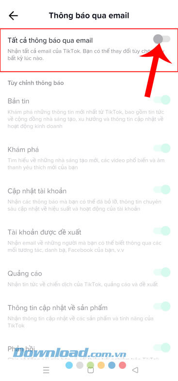 Bật công tắc tại mục Tất cả thông báo qua email