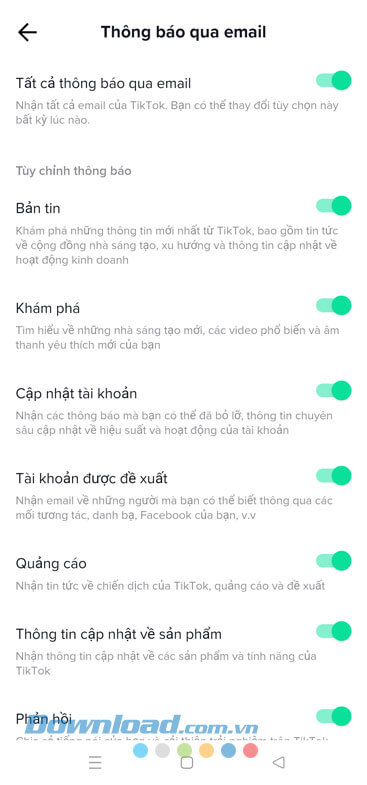 Đã cài đặt thông báo TikTok qua email