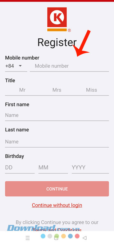 Nhập thông tin cần thiết > Nhấn vào nút Continue