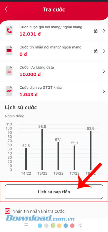 Nhấn vào nút Lịch sử nạp tiền