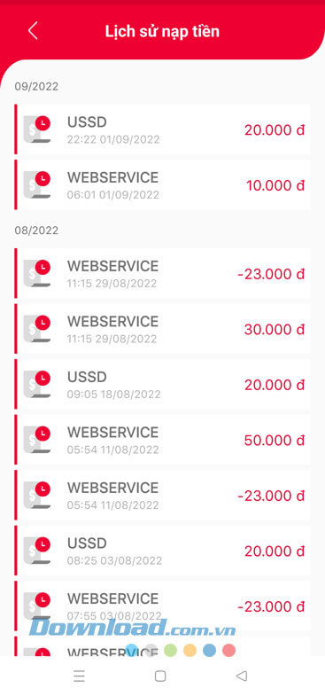Lịch sử nạp tiền điện thoại hiển thị lên màn hình.