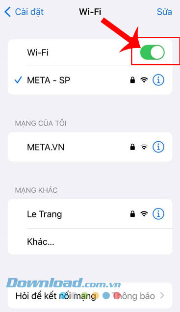 Tắt và bật lại công tắc tại mục Wi-Fi