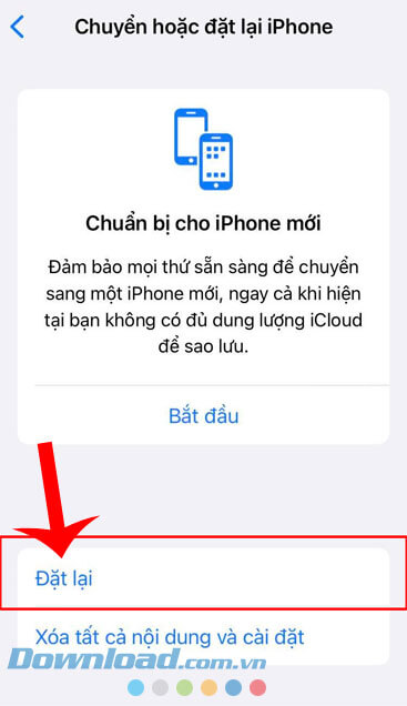 Nhấn vào mục Đặt lại.
