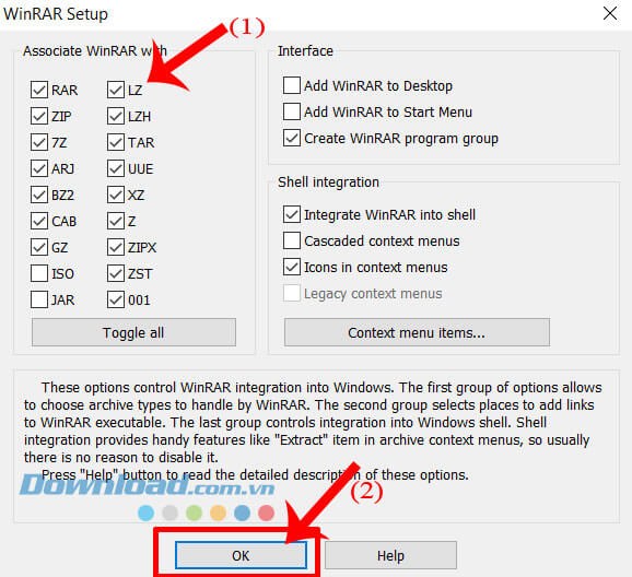Lựa chọn các định dạng tập tin của WinRAR > Nhấn vào nút OK.