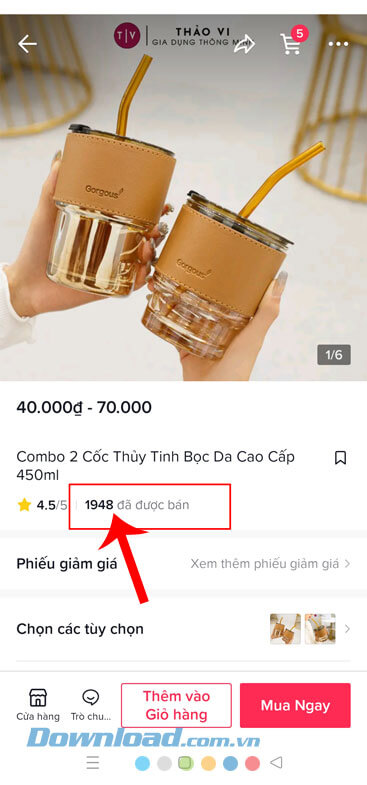 Số lượng hàng đã bán hiển thị ở phần thông tin sản phẩm