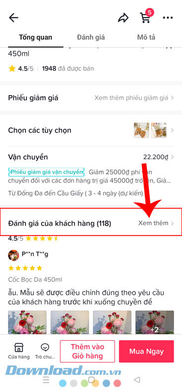 Nhấn vào nút Xem thêm ở mục Đánh giá của khách hàng