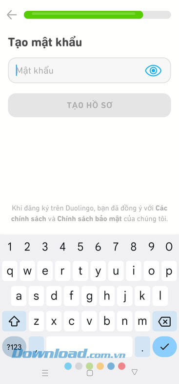  Thiết lập mật khẩu > Chạm vào nút Tạo hồ sơ