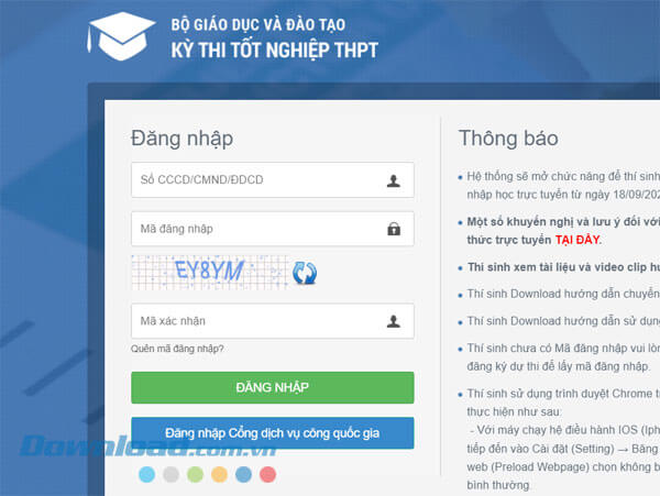  Đăng nhập tài khoản Hệ thống quản lý thi tốt nghiệp THPT