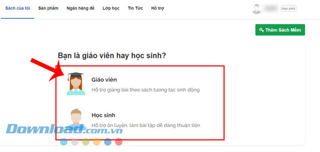 Chọn tài khoản Giáo viên hoặc Học sinh