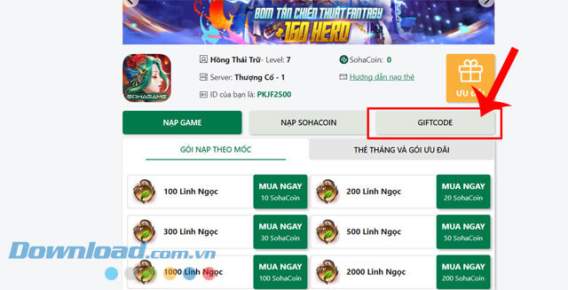 Click chuột vào nút Giftcode