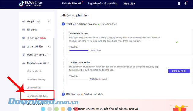 Click chuột vào mục Tài khoản TikTok được liên kết