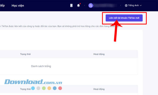 Nhấn vào nút Liên kết tài khoản TikTok mới