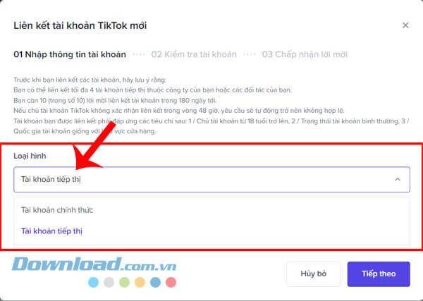 Lựa chọn Tài khoản chính thức hoặc Tài khoản Tiếp thị