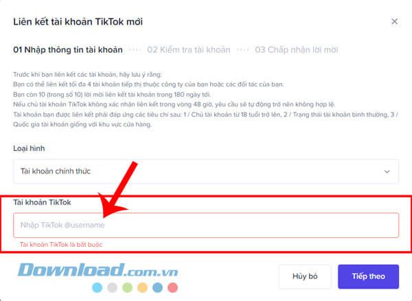 Nhập username hoặc ID tài khoản TikTok