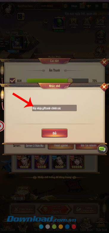 Nhập mã code > Ấn vào nút Đổi