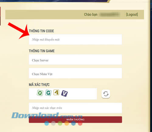 Nhập Mã code, Sever, Nhân vật game và Mã xác thực