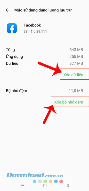 Ấn vào nút Xóa bộ nhớ đệm hoặc Xóa dữ liệu