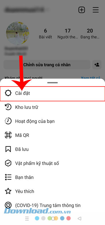 Nhấn vào mục Cài đặt
