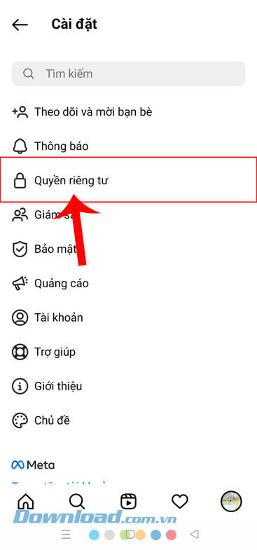 Ấn vào mục Quyền riêng tư