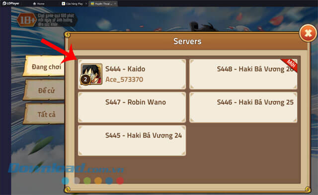 Lựa chọn máy chủ mà bạn muốn tham gia