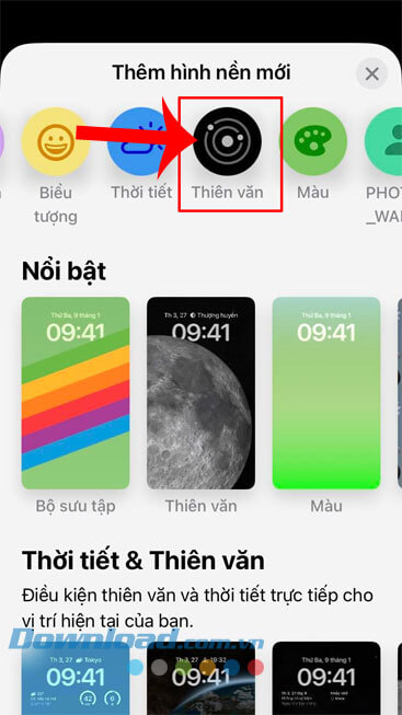  Ấn vào mục Thiên văn