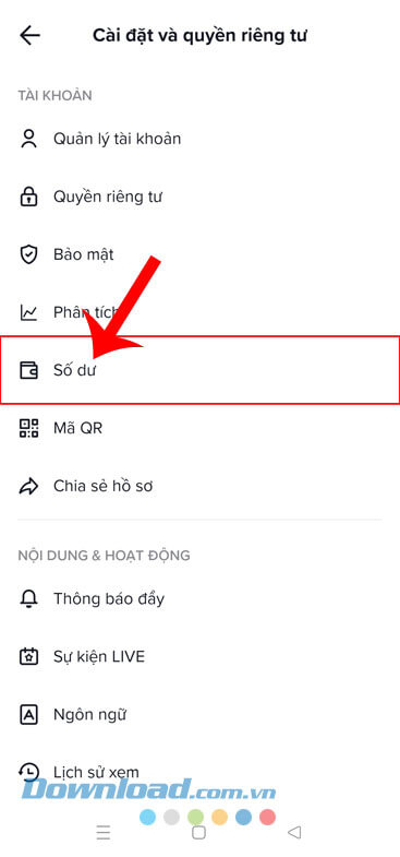 Ấn vào mục Số dư
