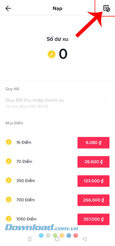 Nhấn vào biểu tượng lịch sử giao dịch