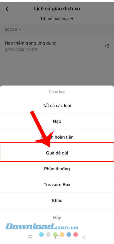Chọn và chạm vào mục Quà đã gửi
