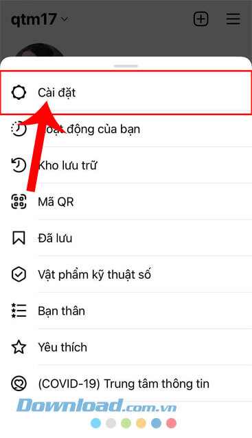 Ấn vào mục Cài đặt 