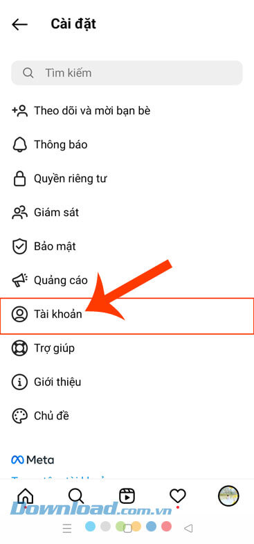 Nhấn vào mục Tài khoản