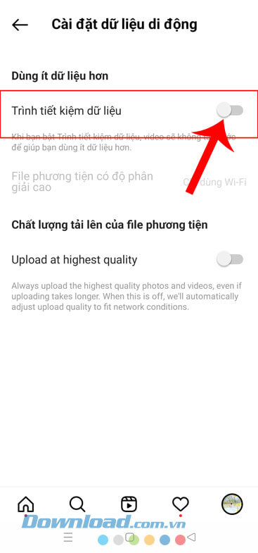 Bật công tắc tại mục Trình tiết kiệm dữ liệu