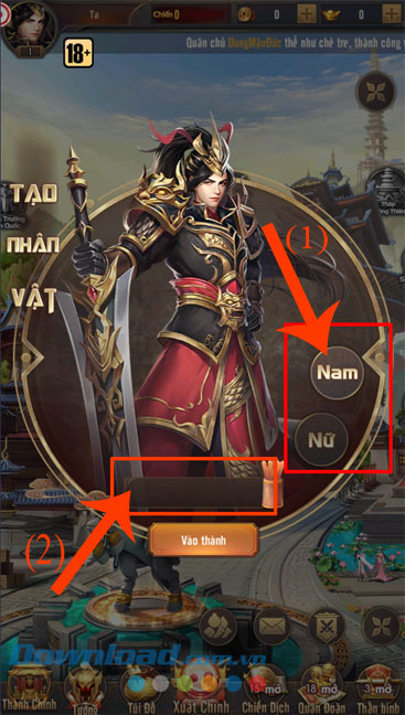 Chọn kiểu nhân vật Nam hoặc Nữ > Đặt tên cho nhân vật