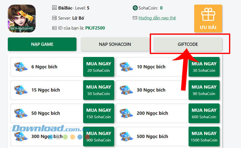 Click chuột vào nút Giftcode