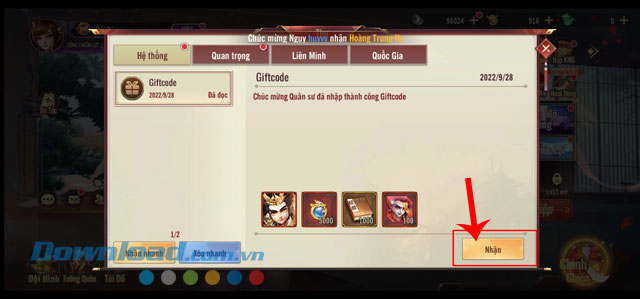 Chạm vào nút Nhận