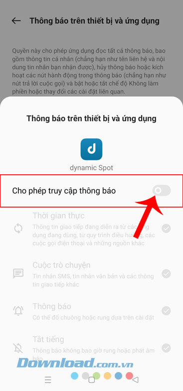 Bật công tắc tại mục Cho phép truy cập thông báo