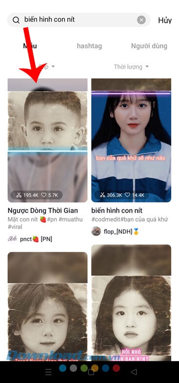 Nhấn vào video hiệu ứng Biến hình con nít