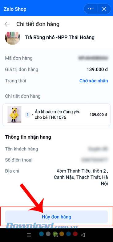 Ấn vào nút Hủy đơn hàng