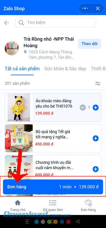 Nhấn vào nút Đơn hàng