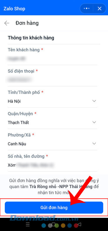 Ấn vào nút Gửi đơn hàng