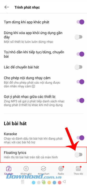 Bật công tắc tại mục Floating lyrics