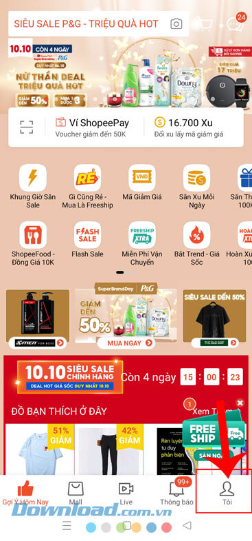 Ấn vào biểu tượng tài khoản