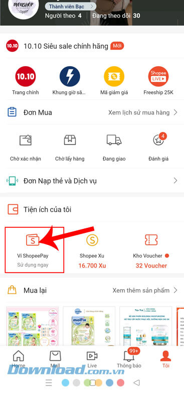 Chạm vào mục Ví ShopeePay