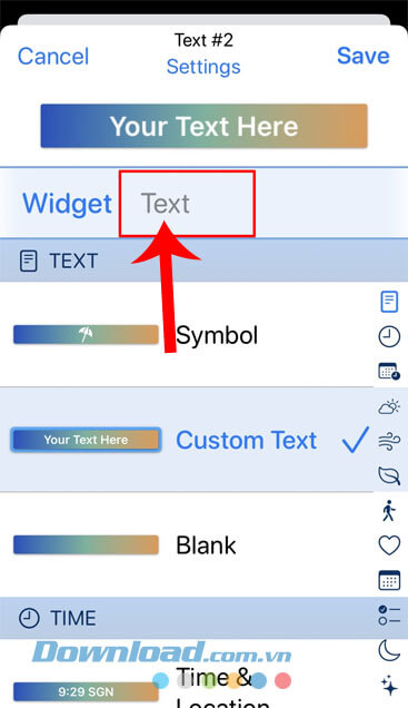 Ấn vào mục Text
